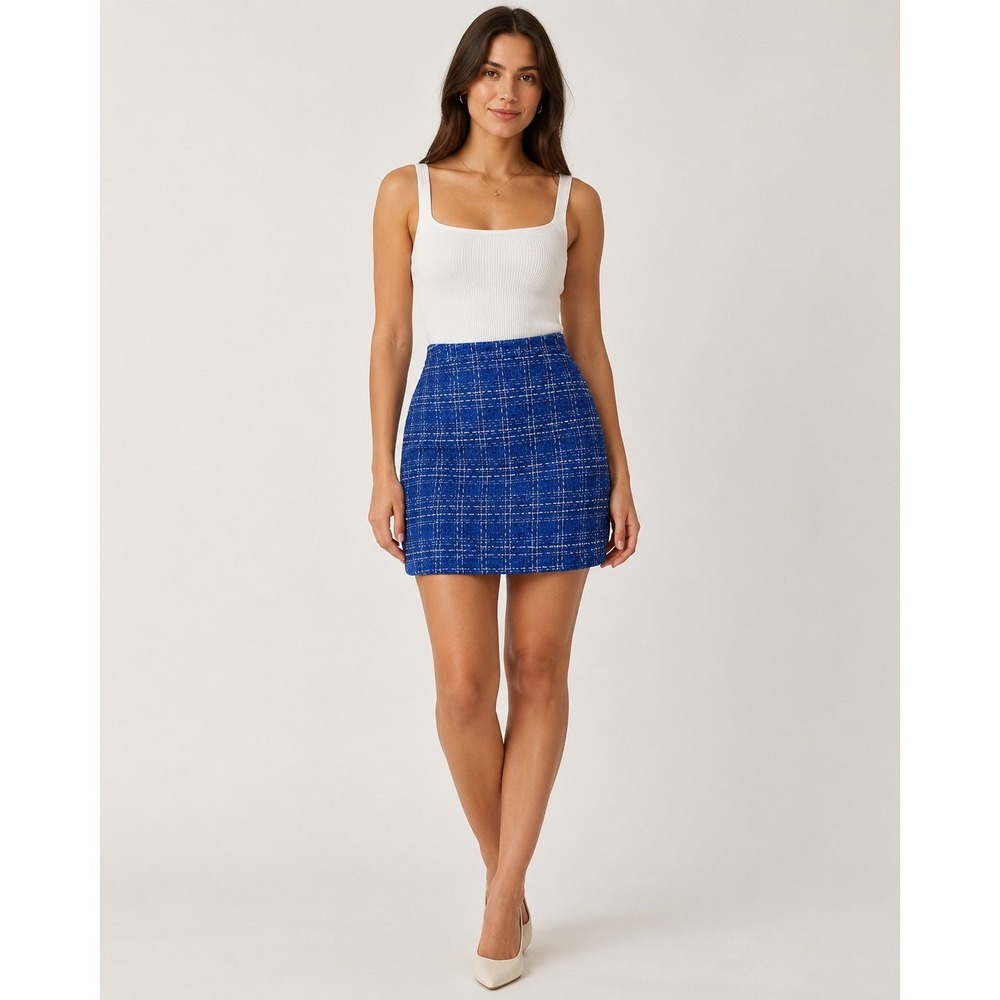 Sandro Skirt‎ Womens Size 8 Blue Tweed Plaid Mini Pencil Professional Business